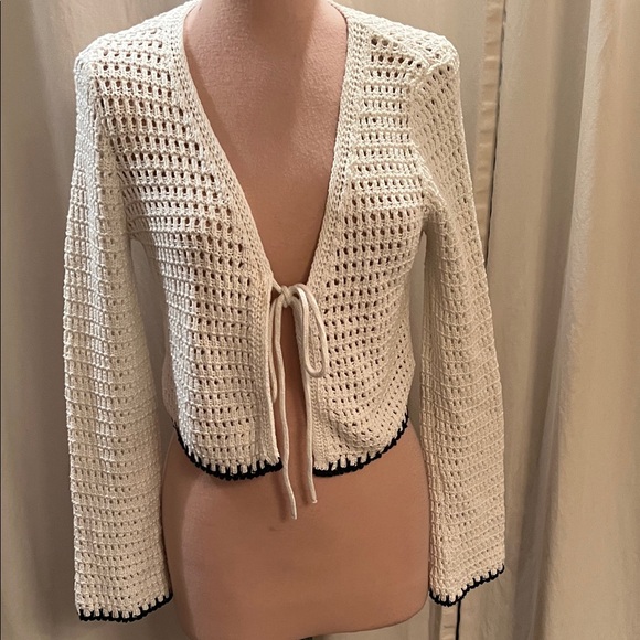 Bershka White Crochet Cardigan with Black Trim and tie - Picture 1 of 7